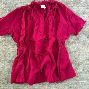 Linen hot pink cinch blouse with laced neckline